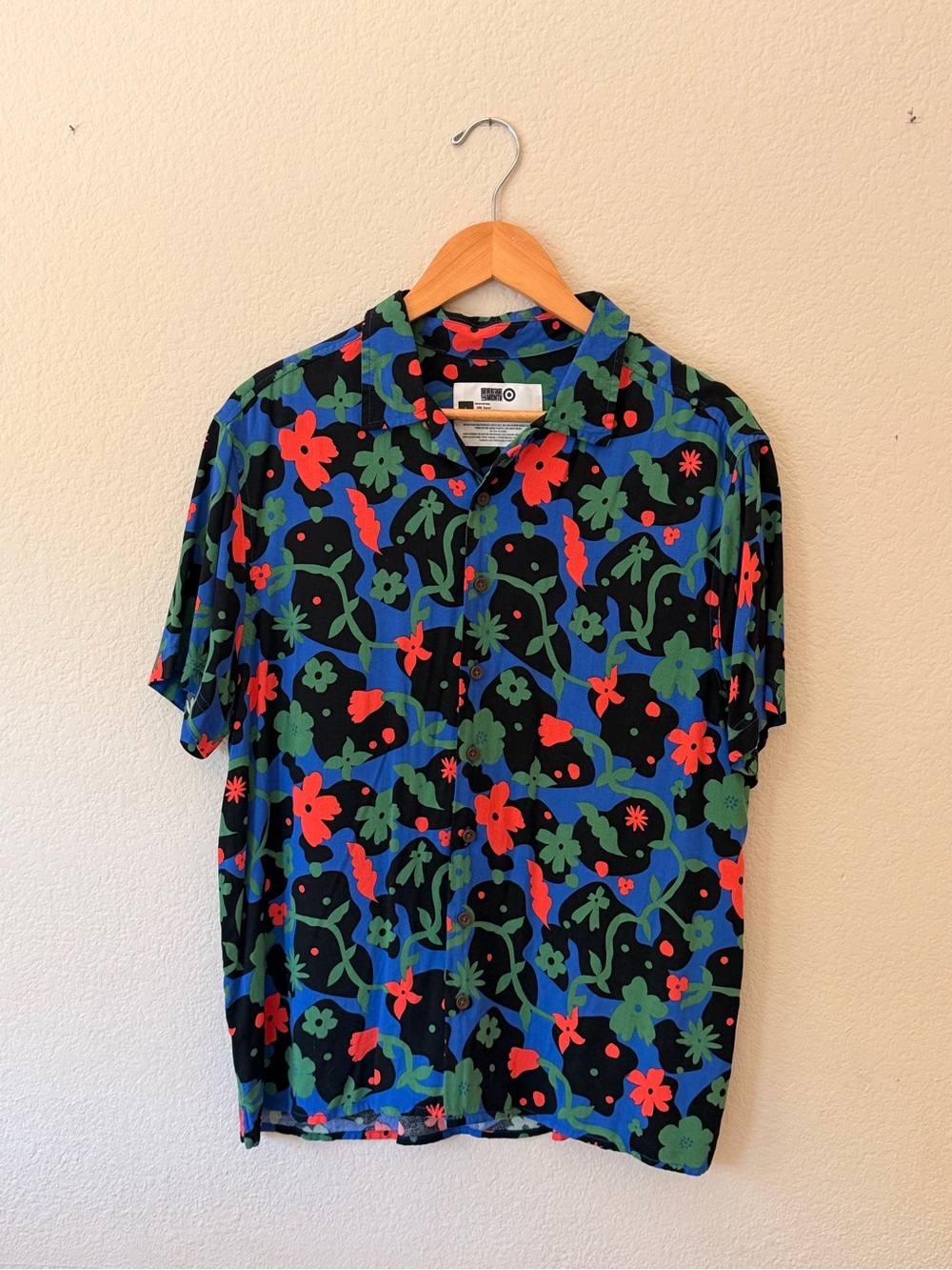 Target Black Short-Sleeve Button Shirt with Red, Green & Blue Floral Print